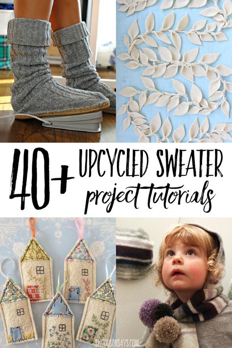 Save those old sweaters and use them for one of these creative upcycled sweater tutorials! Fun ways to use up old wool sweaters for wearing, crafts, decoration, and gifts. Loads of sweater upcycle inspiration here! #sewing #upcycling Old Sweater Crafts Diy, Old Jumper Upcycle, Felted Jumper Upcycle, Clothing Redo Upcycling, Upcycled Sweater Projects, Reuse Sweaters Upcycling Ideas, Recycled Sweater Crafts, Sweater Bags Diy, Upcycling Sweaters Ideas