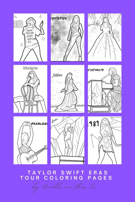 Coloring pages for Taylor Swift’s Eras Tour. Pages are white with black outlining of Taylor Swift on stage for her tour. Each of the pages commemorates a different era. Eras Tour Coloring Pages, Taylor Swift Coloring Pages Reputation, Taylor Swift Colouring Pages, Embroidering Canvas, Taylor Swift Drawing Easy, Drawing Taylor Swift, Taylor Swift Coloring Pages, Taylor Swift Birthday Card, Swiftie Party