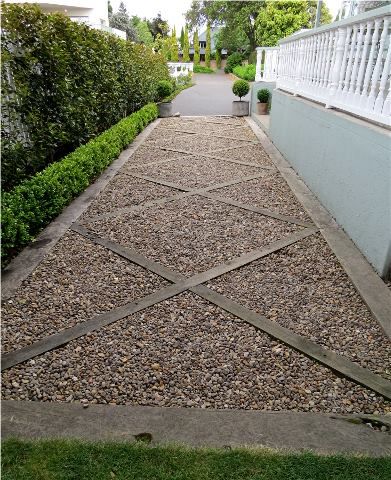 Parking Pads In Front Of House, Wood And Gravel Walkway, Front Gravelled Garden, Drive Way Ideas Gravel, Gravel Side Driveway, Front Yard Parking Pad, Formal Vegetable Garden Design, Pebble Driveway Pea Gravel, Gravel Front Walkway