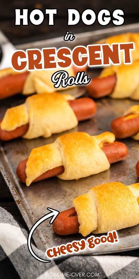 Sheet pan with hot dogs in crescent rolls with Pinterest overlay. How To Make Pigs In A Blanket With Hot Dogs, Hot Dog Wraps Crescent Rolls, Pigs In A Blanket With Hot Dogs, Weiner Winks Recipe, Crescent Rolls With Hot Dogs, Hot Dogs In A Blanket Crescent Rolls, Pigs In A Blanket Hot Dogs, Hot Dog Croissant Rolls, Crescent Dogs With Cheese