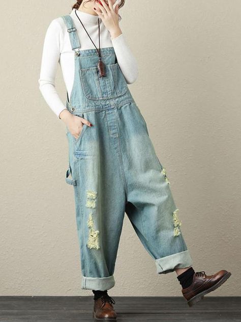 Women’s Ripped Denim Light Blue Casual Baggy Overall Dungarees - Eva Trends Ripped Denim Overalls, Baggy Overalls, High Fashion Looks, Skirt Denim, Skirt Maxi, Patchwork Jeans, Modest Clothing, Moda Vintage, Overalls Women