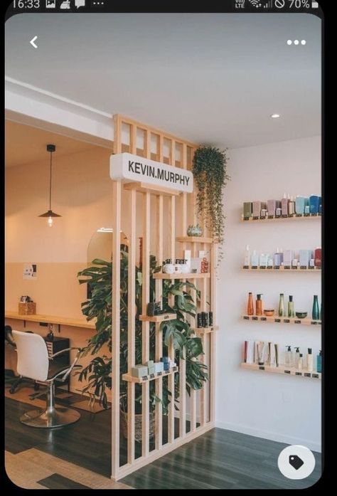 Retail Store Sitting Area, Salon Decorating Ideas Home, Beauty Salon Room Divider Ideas, Earthy Boutique Interior, Hair Salon Divider Ideas, Saloon Partition Design, Rustic Glam Salon Decor, Small Space Shop Interior Design, Hair Salon Shelving Ideas