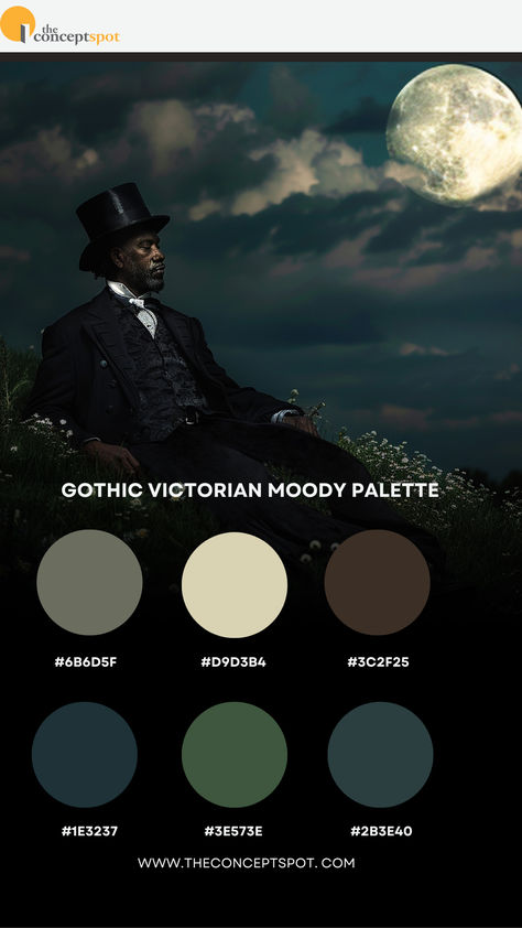 Handsome gentleman dressed in a tux and top hat sits on a hill sprinkled with small flowers at night. A full moon peeks out behind clouds. Haunted Forest Color Palette, Witchy Color Palette Bedroom, Dark Green Blue Color Palette, Gothic Pallete Color, Haunted House Color Palette, Victorian Gothic Color Palette, Moody Green Color Palettes, Goth Colour Palette, Gothic Colour Palette