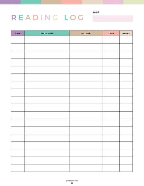 A free kids reading log PDF featuring columns for date, book title, author, times read, and pages to track reading progress. Kids Book Tracker Printable Free, Weekly Reading Log Printable Free, Homeschool Structure, Reading Log Printable Free, Daily Reading Tracker, Book Reading Log, Monthly Reading Logs, Homework Ideas, Reading Log Printable