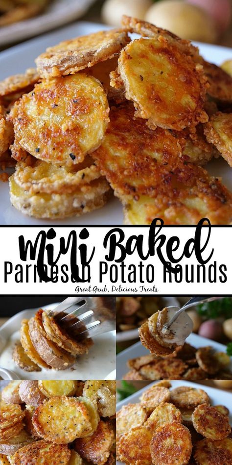 Mini Baked Parmesan Potato Rounds are delicious little potato slices covered in Parmesan cheese, seasoned with garlic salt and pepper and baked until fork tender. #appetizerrecipe #bake #potatorecipes #delish #greatgrubdelicioustreats Baked Potato Rounds In Oven, Cheesy Potato Slices, Baked Potato Slices In Air Fryer, Garlic Parmesan Potato Stackers, Roasted Potato Slices In Oven, Mini Baked Parmesan Potato Rounds, Sliced Parmesan Potatoes In The Oven, Potato Slices In Oven, Unique Potato Recipes