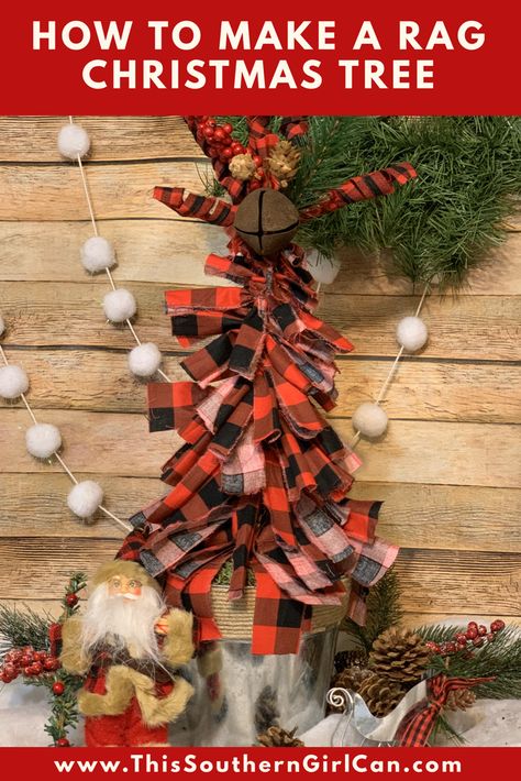 How To Make Rag Christmas Trees, Rag Strip Christmas Tree, Rag Trees Christmas Diy, Diy Rag Tree, Christmas Rag Tree, Rag Christmas Tree Fabric Strips, Shabby Tree Crafts Videos, Rag Christmas Tree Diy, Rag Trees How To Make