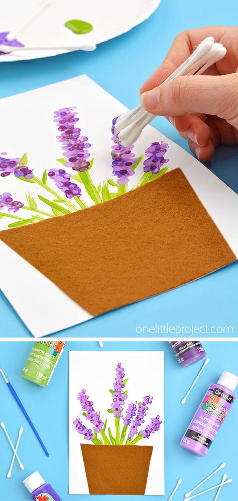 Easy Mothers Day Craft For Kids, Easy Sponge Painting Ideas, Cotton Tip Painting, Spring Day Art For Kids, Lilac Crafts For Kids, Purple Colour Day Craft, Mother’s Day Painting For Kids, Elderly Crafts Assisted Living, Toddler Flower Art