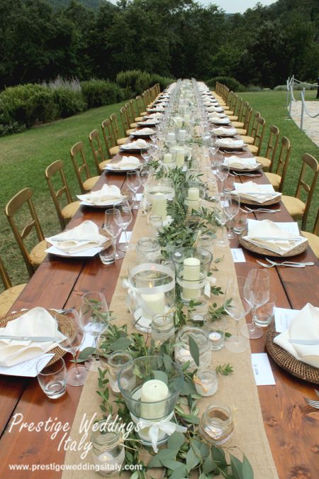 long table for 42 people castle wedding in Italy. www.prestigeweddingsitaly.com Birthday Long Table Decorations, Rehearsal Dinner Long Table, Italian Long Table Dinner, Rehearsal Dinner Long Table Decor, Long Table Dinner Party Outdoor, Long Table Birthday Dinner, Long Table Decor Wedding, Table Decorations For Rehearsal Dinner, Rehearsal Dinner Table Decorations Ideas