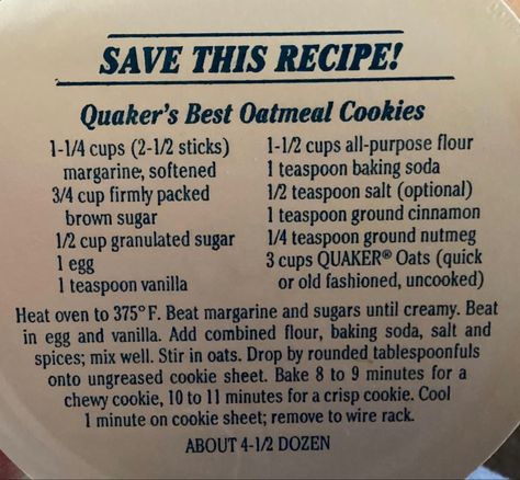 Quakers original recipe Original Quaker Oatmeal Cookies, Original Quaker Oatmeal Cookie Recipe, Quaker Oats Oatmeal Cookies, Quaker Oatmeal Cookie Recipe, Quaker Oatmeal Cookies, Amish Cookies, Quaker Oatmeal, Amazing Cookie Recipes, Best Oatmeal Cookies