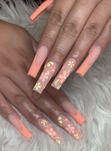 Simple Spring Acrylic Nail Designs, Medium Acrylic Nails Spring, Spring Nails Acrylic Coffin Long Simple, Coco Nails Art Designs, Spring Theme Nails Acrylic, Long Acrylic Spring Nails, Spring Nails Long Acrylic, Spring Medium Nails, Spring Long Nail Designs