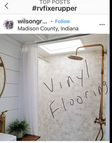 Vinyl Flooring on shower walls Vinyl Floor Shower Walls, Camper Shower Renovation, Rv Shower Wall Ideas, Linoleum Shower Walls, Rv Shower Renovation, Diy Camper Shower Remodel, Rv Shower Makeover, Trailer Shower Ideas, Travel Trailer Shower Remodel