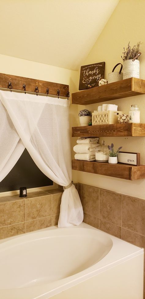 Shelf Around Bathtub, Bathtub Floating Shelves, Shelves Above Tub Bathtubs, Above Bathtub Shelves, Bathtub Nook Ideas, Shelves Above Tub, Bathtub Shelf Ideas, Shelves Above Bathtub, Ensuite Bathroom Ideas Master Bedrooms