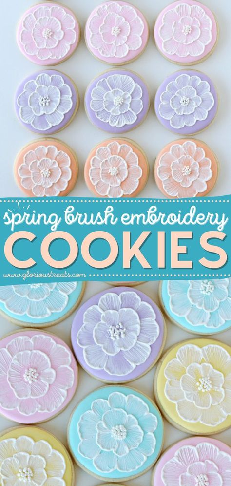 Spring Brush Embroidery Cookies, easy cookie recipes, easy to make sweet treats Easy Easter Sugar Cookie Decorating, Royal Icing Brush Embroidery, Easter Egg Sugar Cookies Decorated Easy, Cookies With Flowers On Them, Decorating Royal Icing Cookies, Decorating With Royal Icing Cookies, Easy Flower Cookies Royal Icing, Royal Iced Cookies Recipe, Easy Flower Cookies Decorated