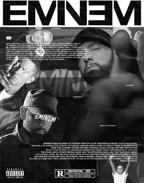 Eminem
Poster Design Eminem Posters Vintage, Eminem New Album 2024, Vintage Eminem Poster, Eminem Graphic Design, Eminem Designs, Rap Poster Design, Rappers Posters, Artist Poster Design, Eminem Drawing