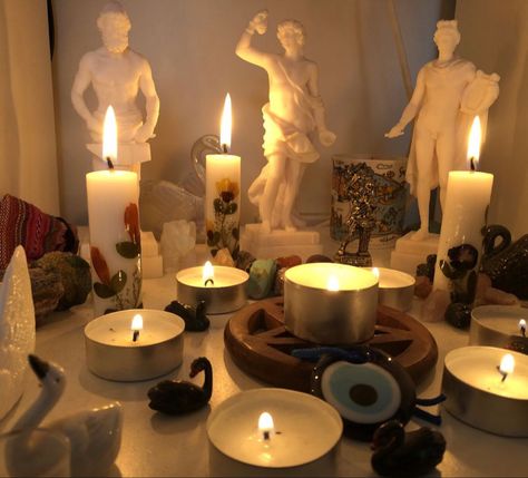 The God Apollo, God Altar Ideas, Greek Altar Ideas, Hellenic Altar Ideas, Dionysus Altar Ideas, Greek God Alters, Greek Pagan Altar, Pagan Altar Aesthetic, Hephaestus Altar