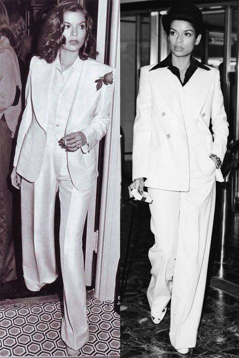 How to Wear a White Pant Suit Like Bianca Jagger | Kelly Golightly White Pant Suit, White Tuxedo Wedding, Suit Measurements, Moves Like Jagger, White Pant, Bianca Jagger, Kleidung Diy, Vintage Suits, New Years Eve Outfits