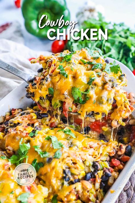 This easy Cowboy Chicken Bake is a one pan dinner that is hearty and filling! Loaded with black beans, corn, red pepper, and seasonings, it is all baked to tender perfection. This is a kid friendly chicken recipe packed with lots of healthy vegetables. If you need a chicken breast recipe for an easy dinner idea, this is absolutely perfect for a busy weeknight. With the flavors of Cowboy Caviar, this easy chicken dinner idea is extra tasty! Kid Friendly Chicken Recipes, Cowboy Chicken, Asian Steak Bites, Easy Chicken Dinner, Cowboy Caviar, One Pan Dinner, 1200 Calorie, Chicken Bake, Chicken Breast Recipe