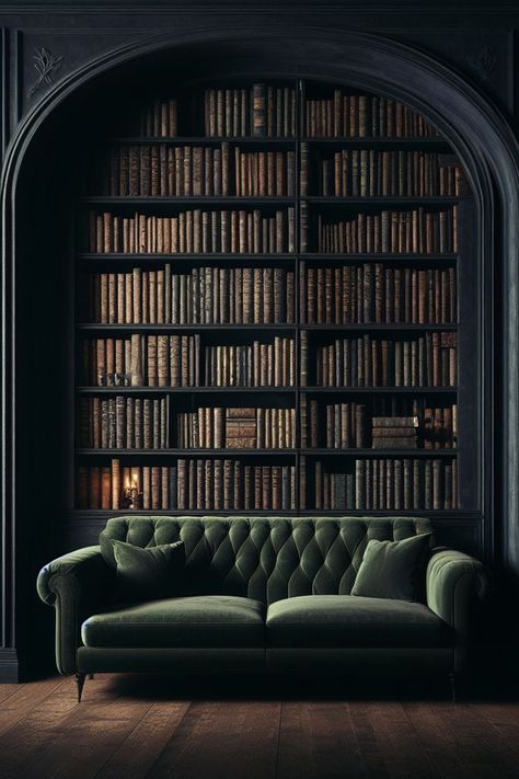 Dark Blue Wall Green Sofa, Moody Dark Home, Dark Wall Library, Dark Velvet Aesthetic, Moody Library Wallpaper, Goth Library Aesthetic, Vintage Library Aesthetic Room, Forest Green Library, Dark Green Den