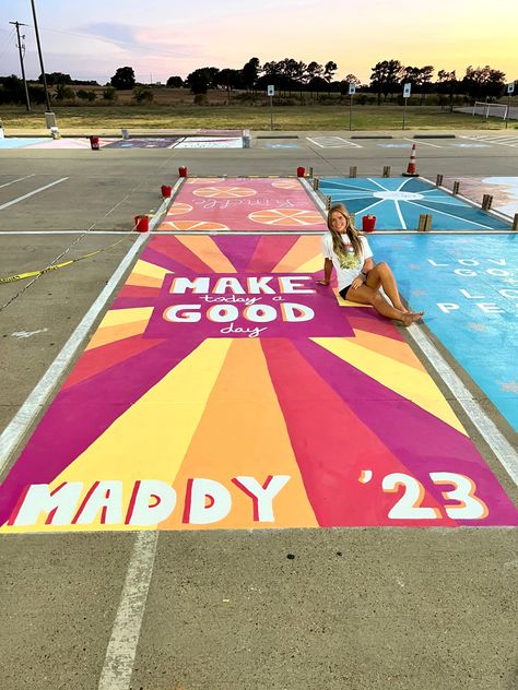 School Tiles Ideas, Pink And Orange Parking Spot, Parking Spot Painting Junior Year, Parking Spot Painting Junior, Christian Painted Parking Spots, Senior Parking Space Ideas Sza, Senior Tile Ideas Ceilings, School Ceiling Tile Ideas, Chalk Art Parking Spot