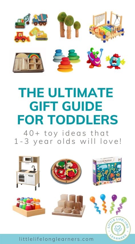 The ultimate gift guide for toddlers by Little Lifelong Learners. Check out this list of our favorite toddler toys, books, and resources! Our toddler play directory features 48 toy and gift ideas your toddler will love and includes a variety of puzzles, blocks, Grimm's toys, Montessori toys, and open-ended toys to inspire imaginative play and play-based learning. Take a look at our top picks for toys for 1 year olds, 2 year olds, and 3 year olds! Open Ended Toys For Two Year Olds, 2 Year Montessori Toys, Open Ended Toys For Toddlers, Toys For Two Year Olds, Grimms Toys, Best Toys For Toddlers, Toddler Learning Toys, Toddler Gift Guide, Grimm's Toys