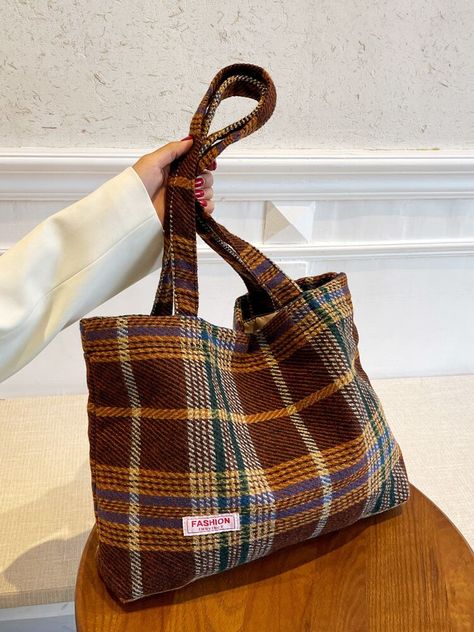 Colorblock Plaid Tweed Tote Bag | EMERY ROSE Quilt Bags, Ropa Upcycling, Patchwork Tote Bags, Plaid Tote Bag, Tweed Bag, Winter Bags, Sewing Bags, Diy Bags Purses, Patchwork Bags