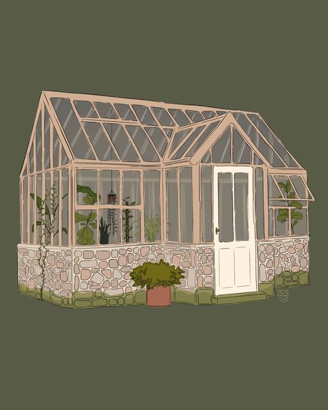 Aesthetic Sticker Drawing, Green House Illustration, Greenhouse Drawing, Greenhouse Illustration, Greenhouse House, Greenhouse Art, Green Greenhouse, Wizard Tower, Perspective Drawings