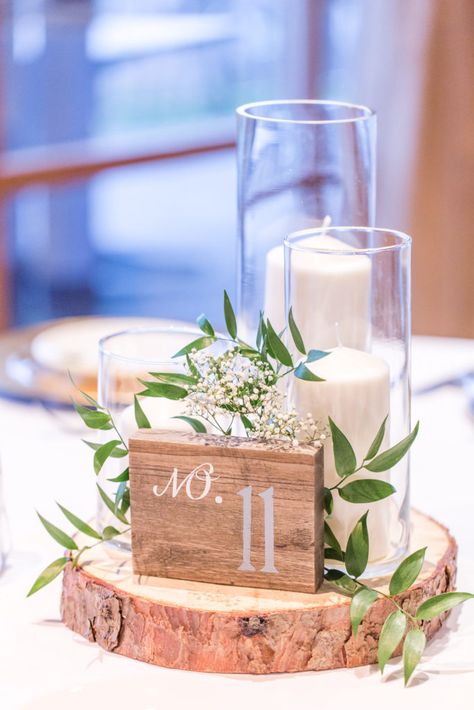 Wooden Block Centerpieces, Wooden Rustic Decor, Wedding Table Wooden Centerpieces, Wooden Table Centerpiece Wedding, Natural Centerpieces Wedding, Lake Wedding Centerpieces, Wedding Ideas For Tables, Wooden Wedding Table Decor, Wooden Centerpieces Wedding