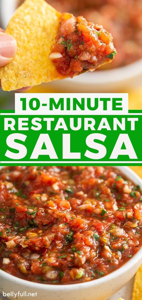 This quick and easy Restaurant Style Salsa takes just minutes to make using a mix of fresh veggies and canned goods, all in your blender. It's packed with fresh flavors and tastes like that smooth salsa from your favorite Mexican restaurant! Quick Easy Salsa Recipes, Salsa Recipe Medium, Easy Restaurant Style Salsa, Homemade Salsa Restaurant Style, Flavorful Salsa Recipe, Easy Restaurant Style Blender Salsa, Best Restaurant Style Salsa, Salsa In Food Processor, Recipe For Salsa Homemade