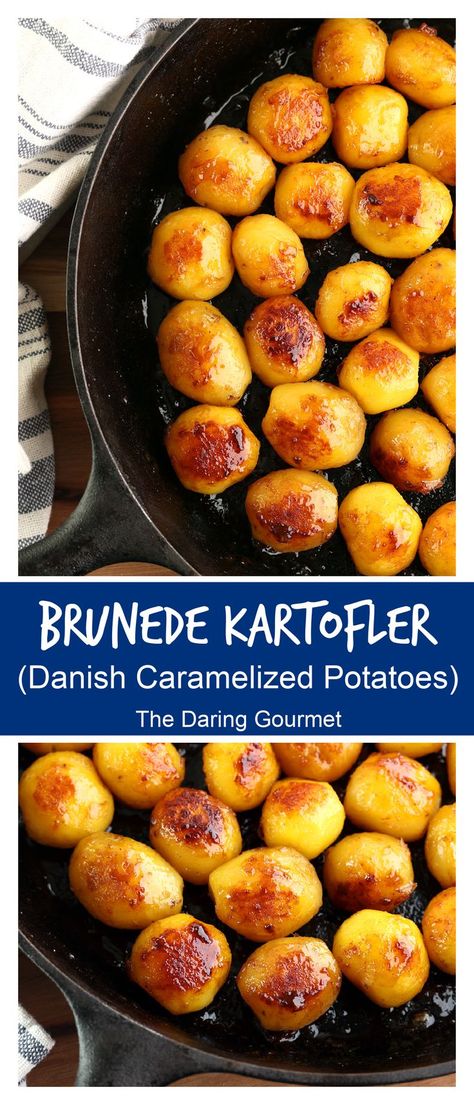 Brunede Kartofler (Danish caramelized potatoes) is a popular and traditional side dish in Denmark, enjoyed especially at Christmas. The potatoes are browned in caramelized sugar, transforming otherwise plain boiled potatoes into something truly special! Swedish Potatoes Recipes, Danish Potatoes Recipes, Traditional Danish Food, Carmelized Potatoes, Denmark Food Recipes, Danish Recipes Denmark, Scandinavian Food Recipes, Danish Christmas Food, Danish Recipes Traditional