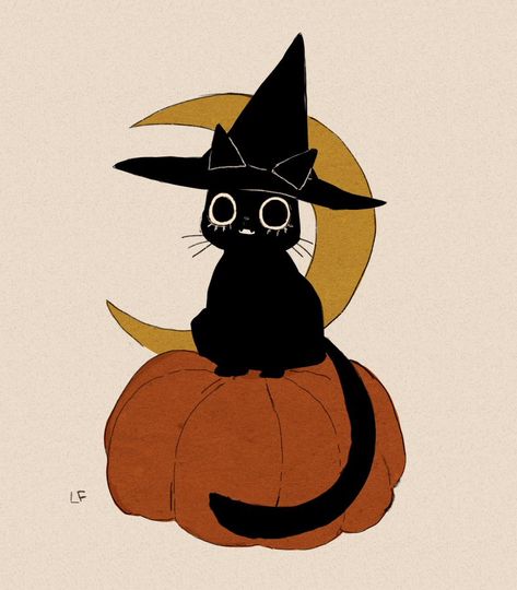 Cute Halloween Art, Witch Cats, Spooky Kitty, Cat Pumpkin Carving, Halloween Color Palette, Black Cat Drawing, Helloween Wallpaper, Witch Drawing, Pumpkin Drawing