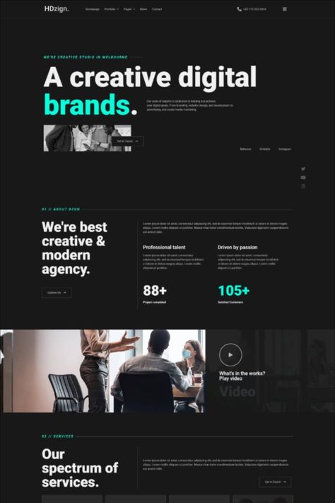 HDzign is an Elementor Template Kit designed for Digital Agency business websites! This kit has a modern and unique design with a 100% fully responsive layout, easy installation, and sure very easy to customize because using Elementor so you don’t need a single line of coding! Grey Website Design, Blog Section Design, Black Website Design, Dark Website Design, Digital Agency Website Design, Bold Website Design, Modern Ui Design, Dark Websites, Creative Agency Website
