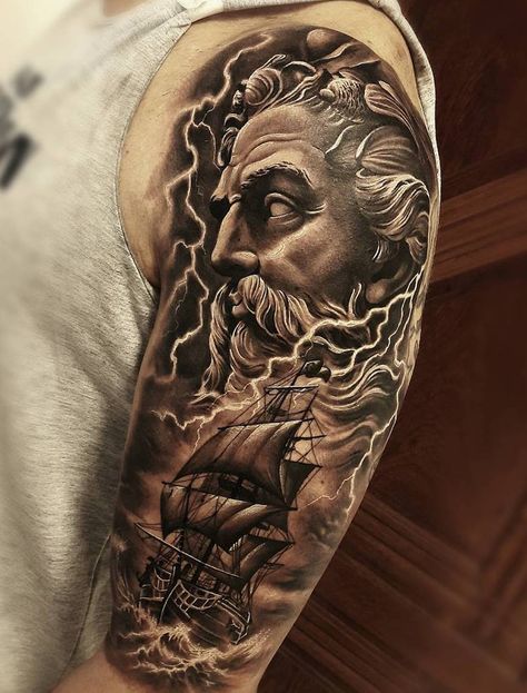 Poseidon tattoo by Samuraii Standoff Greek God Tattoo, Tato Dada, Poseidon Tattoo, Zeus Tattoo, Greek Mythology Tattoos, God Tattoos, Half Sleeve Tattoos For Guys, Tato Lengan, Mythology Tattoos