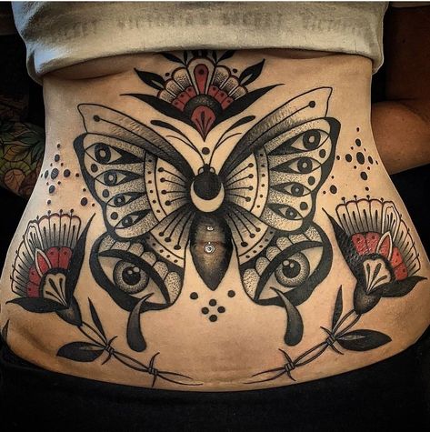 Sternum To Belly Button Tattoo, Women’s Belly Tattoo, Tattoos Under Belly Button, Belly Bottom Tattoo, Traditional Symmetrical Tattoo, Animal Stomach Tattoos, Traditional Lower Stomach Tattoo, Nature Stomach Tattoos, American Trad Stomach Tattoo