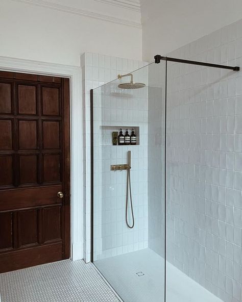 The shower 〰️ we transformed what was a very small cubicle into a walk-in rain shower to make the most of the space. Swipe for before! 〰️ Tiles from claybrookstudio 〰️ Brushed brass shower fixtures from crosswater_uk via ukbathrooms 〰️ Tray from fiorabath_official Brass Shower Fixtures, Walk In Shower Kits, Walk In Shower Tray, Cubicle Design, Wet Room Flooring, White Wall Tiles, Flat Decor, House Bathrooms, Shower Fixtures