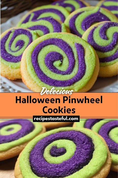 These Halloween Pinwheel Cookies are festive, colorful treats perfect for celebrating Halloween. With vibrant green and purple swirls, they are both visually appealing and delicious. Diet Cookies, Pinwheel Cookies, Spooky Snacks, Festive Desserts, Types Of Flour, Cookie Calories, Purple Swirl, Gel Food Coloring, Baking Flour