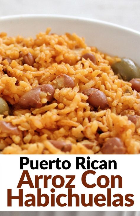 Bring flavor to your dinner table with a vegan, 30-minute Puerto Rican Arroz Con Habichuelas. A delicious weeknight dinner meal that pairs well with sliced avocado and plantains. Arroz Y Habichuelas Puerto Rico, Rice With Beans Puerto Rican, Portirican Foods, Puerto Rican Rice And Beans Authentic, Arroz Con Habichuelas Puerto Rico, Puerto Rican Vegetarian Recipes, Arroz Puertorriqueño, Puerto Rican Beans Recipe, Habichuelas Guisadas Puerto Rico