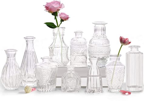 PRICES MAY VARY. 🌷HIGH QUALITY GLASS VASE: These small clear vases are made of high-quality glass. The thick and strong glass wall and non-slip base ensure durability.The patterned finish gives them a textured look, also makes them shine in the light.*Tips: Handwashing with cold water and take it gently.* 🌷VARIETY OF SHAPE: The surface of each glass vase is beautifully etched with a pattern.Each of these unique mini rustic vase comes with a different design, size, and shape. You can use them a Lace Vase, Vases For Centerpieces, Glass Vases Centerpieces, Vases For Flowers, Vase Transparent, Small Glass Vases, Clear Vases, Rustic Vase, Glass Flower Vases