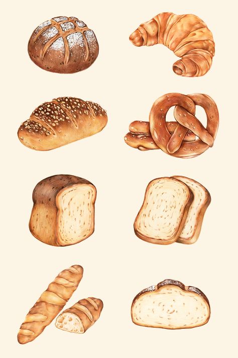 Food Stickers Drawing, Bread Illustration Design, How To Draw Food, Drawing Bread, Food Drawing Ideas, Cute Food Illustration, Bread Drawing, Bread Illustration, Bread Sticker