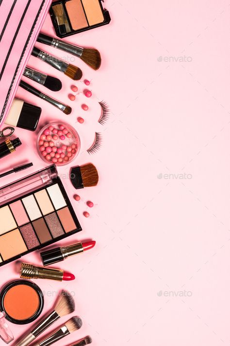 Makeup professional cosmetics on pink background. Top view with copy space. Makeup Related Wallpapers, Pink Makeup Background, Makeup Wallpaper Backgrounds Make Up, Background Cosmetic Beauty, Makeup Background Wallpapers Beauty, Cosmetics Aesthetic Wallpaper, Makeup Design Poster, Cosmetic Background Wallpapers, Beauty Wallpaper Makeup