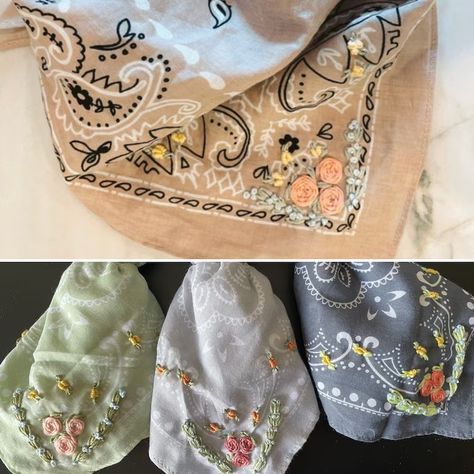 Embroidery Bandana, Embroidered Hats Ideas, Cowgirl Bandana, Aa Logo, Embroidered Bandana, Embroidery Floss Crafts, Bandana Colors, Embroidered Photo, Embroidery Floral