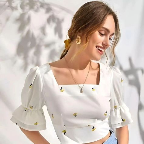 The elegance of a woman in a white shirt 😍 Effortlessly chic and always on point #stylegoals #classy #trending #style #looks Funky Shirt Outfit Women, Hakoba Tops Casual, T Shirt Crop Top Outfit, Trendy Tops For Women Classy, New Crop Top Designs, Crop Top Designs For Women, Top For Girls Stylish, White Top Aesthetic, Fashion Tops Blouse Style