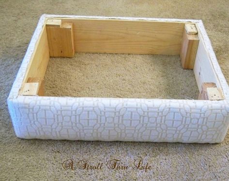 Wicker Chair Makeover, Pallet Ottoman, Ottoman Diy, Diy Furniture Upholstery, Diy Ottoman, Upholstered Footstool, Upholstery Diy, Diy Furniture Renovation, Diy Home Furniture