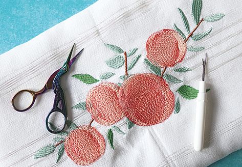 Free peach embroidery design Peach Embroidery, Free Embroidery Patterns Machine, Machine Embroidery Thread, Hand Embroidery Patterns Flowers, Fabric Spray, Mushroom Design, Lace Earrings, Embroidery Patterns Free, Ric Rac