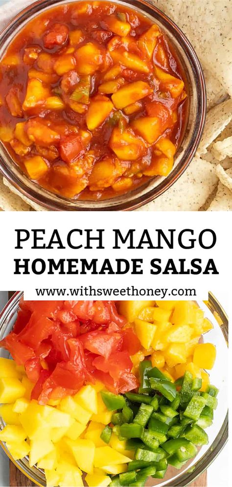 Peach Mango Salsa, Peach Salsa Recipes, Mango Salsa Recipes, Peach Salsa, Mango Recipes, Peach Recipe, Homemade Salsa, Paleo Snacks, Peach Mango