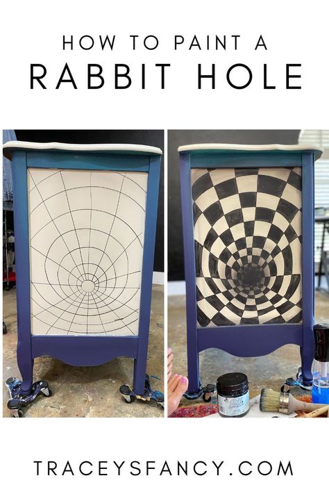 Mad Hatter Painted Furniture, Paintings On Furniture Art, Alice And Wonderland Bedroom Ideas, Quirky Painted Furniture, Alice In Wonderland Furniture Diy, Mad Hatter Furniture, Subtle Alice In Wonderland Decor, Whimsical Painted Furniture Dressers, Art On Furniture Painted