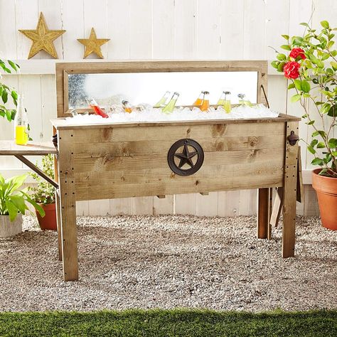 Wooden Ice Chest, Chest Table, Patio Set Up, Wooden Cooler, Backyard Creations, Patio Cooler, Outdoor Cooler, Ice Chest Cooler, Rustic Side Table