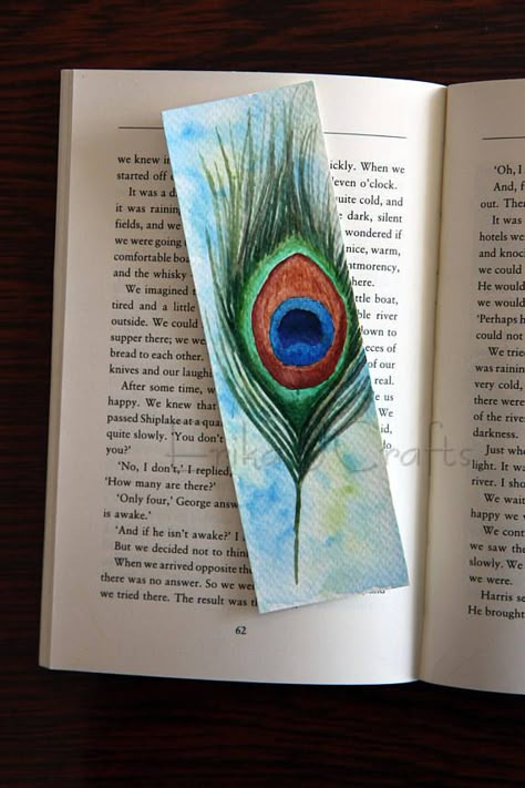 Watercolour Books Painting, Peacock Journal Ideas, Peacock Feather Watercolor Painting, Krishna Bookmark Diy, Handmade Paper Painting, Peacock Feather Doodle, Book Marks Drawing Ideas, Cute Book Mark Drawing, Krishna Feather Drawing