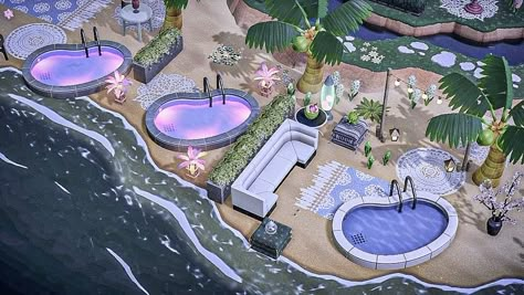 Acnh Pool House, Pool Area Acnh, Acnh Pool Ideas, Acnh Tide Pool Design, Animal Crossing Beach Spa, Animal Crossing Pool Ideas, Acnh Swimming Pool Area, Acnh Infinity Pool, Acnh Swimming Pool