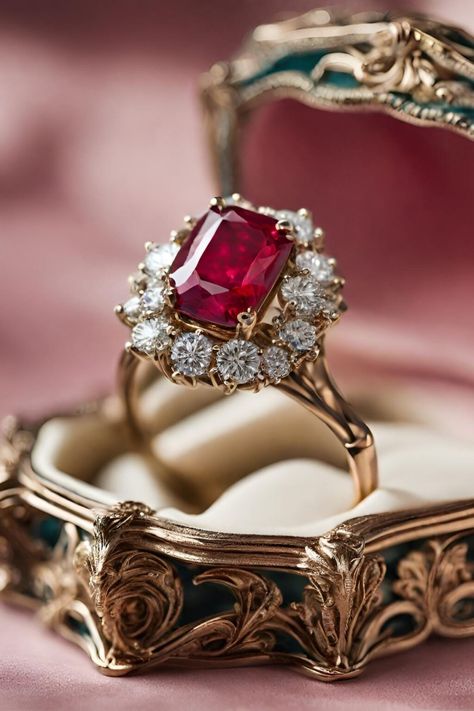 23 Best Ruby Engagement Rings - Vintage, Emerald Cut, Oval & More - Jewelry Material Guide Ruby Emerald Cut Engagement Ring, Ruby Engagement Ring Gold Vintage, Red Ruby Engagement Ring, Emerald Cut Ruby Engagement Ring, Vintage Ruby Engagement Ring, Rubi Ring, Engagement Rings Ruby, Wedding Ring Ruby, Ruby Engagement Ring Gold