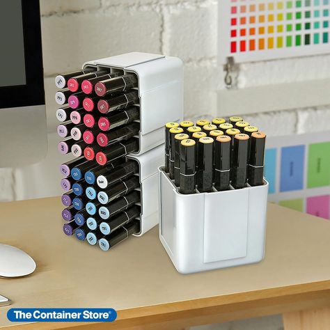 Marker Organizer, Plastic Organizers, Hobby Storage, Marker Storage, Writing Utensils, Office Crafts, The Container Store, Art Supply, Vertical Storage